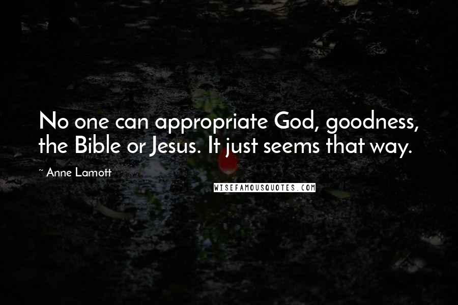 Anne Lamott Quotes: No one can appropriate God, goodness, the Bible or Jesus. It just seems that way.