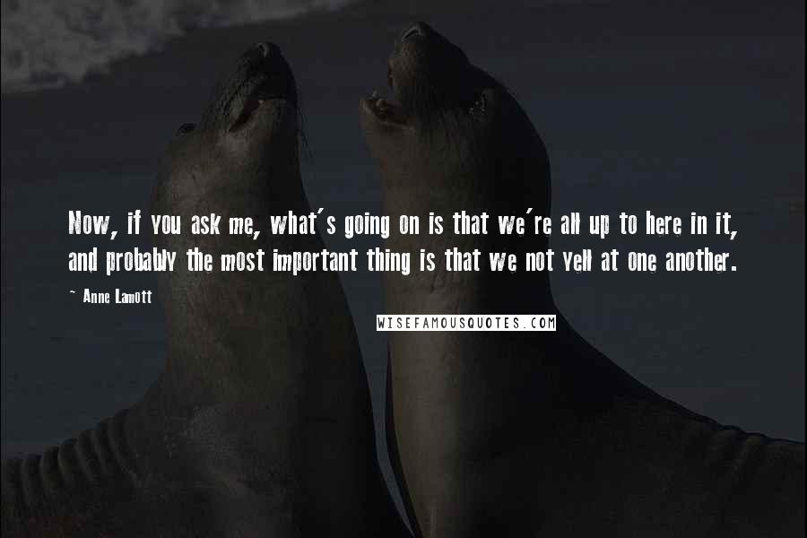 Anne Lamott Quotes: Now, if you ask me, what's going on is that we're all up to here in it, and probably the most important thing is that we not yell at one another.