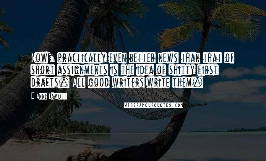 Anne Lamott Quotes: Now, practically even better news than that of short assignments is the idea of shitty first drafts. All good writers write them.