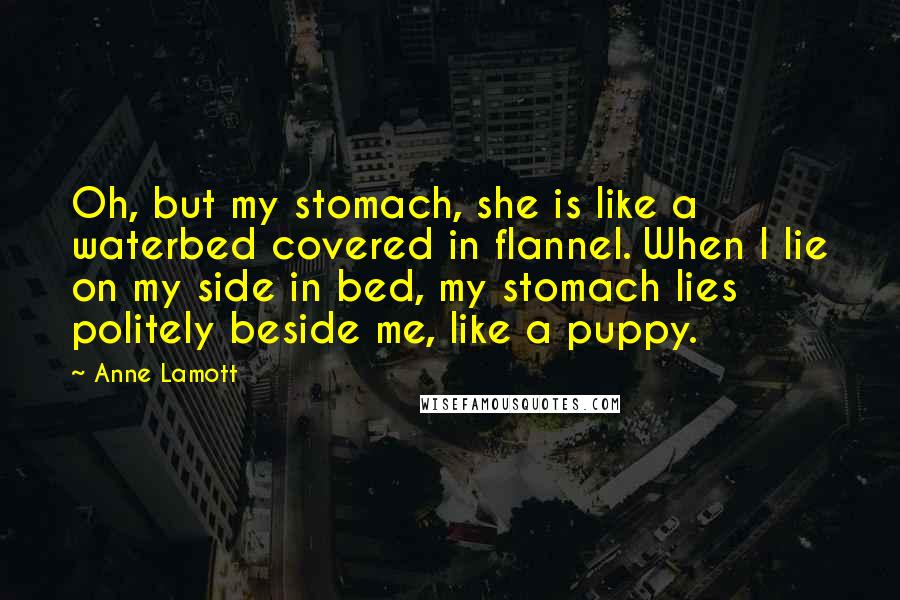 Anne Lamott Quotes: Oh, but my stomach, she is like a waterbed covered in flannel. When I lie on my side in bed, my stomach lies politely beside me, like a puppy.