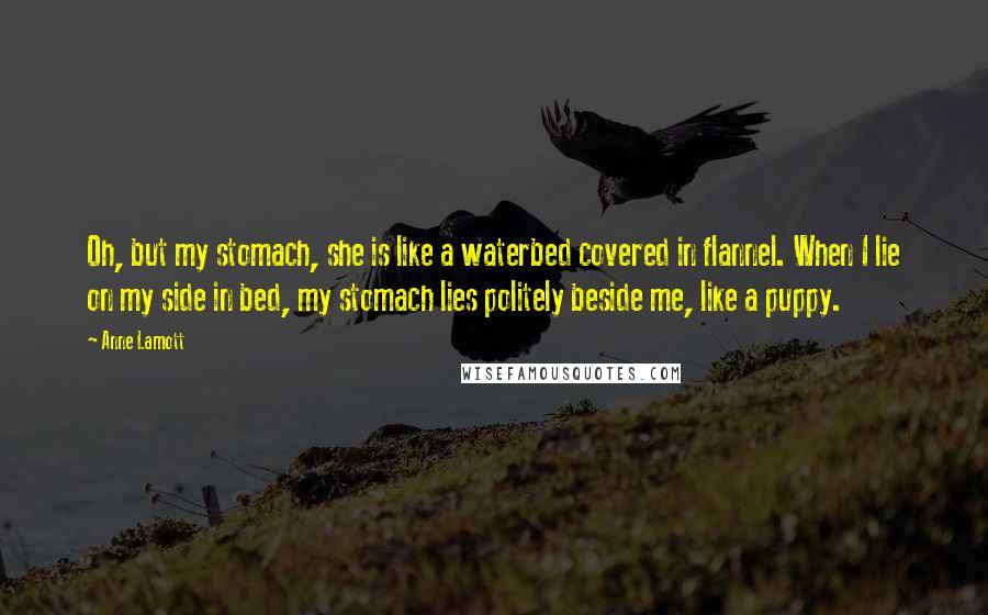 Anne Lamott Quotes: Oh, but my stomach, she is like a waterbed covered in flannel. When I lie on my side in bed, my stomach lies politely beside me, like a puppy.