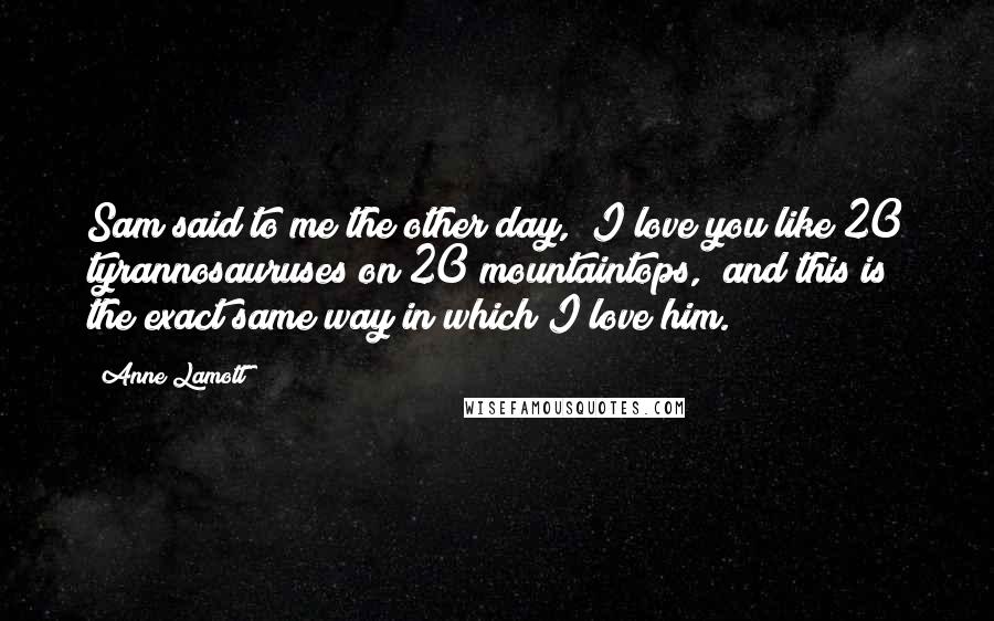 Anne Lamott Quotes: Sam said to me the other day, "I love you like 20 tyrannosauruses on 20 mountaintops," and this is the exact same way in which I love him.