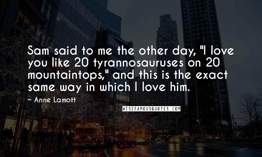Anne Lamott Quotes: Sam said to me the other day, "I love you like 20 tyrannosauruses on 20 mountaintops," and this is the exact same way in which I love him.