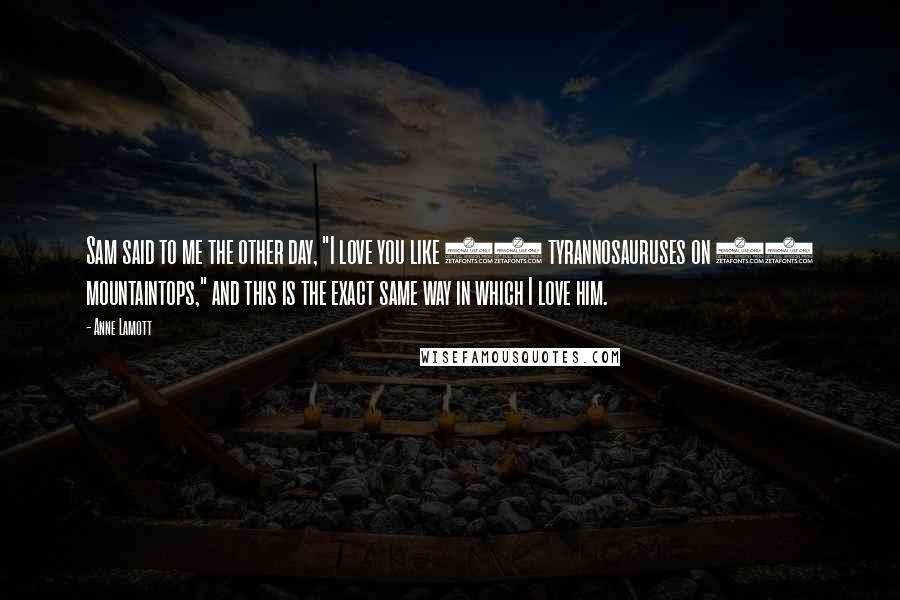 Anne Lamott Quotes: Sam said to me the other day, "I love you like 20 tyrannosauruses on 20 mountaintops," and this is the exact same way in which I love him.