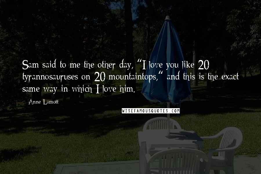 Anne Lamott Quotes: Sam said to me the other day, "I love you like 20 tyrannosauruses on 20 mountaintops," and this is the exact same way in which I love him.