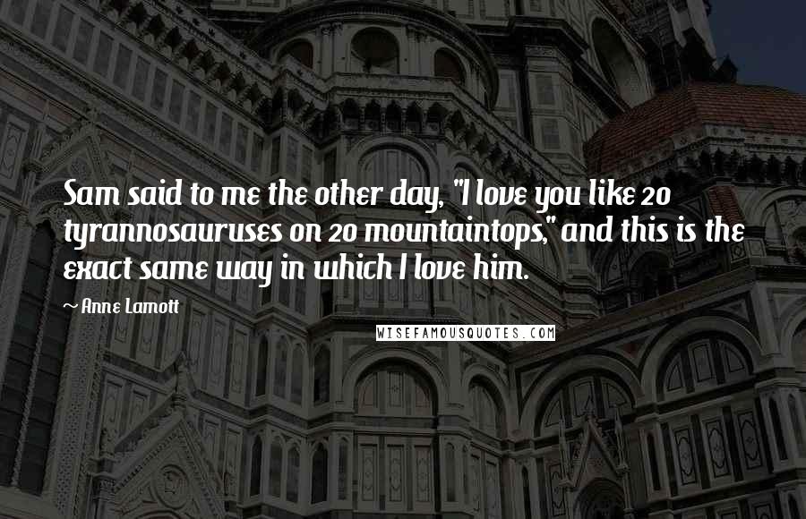 Anne Lamott Quotes: Sam said to me the other day, "I love you like 20 tyrannosauruses on 20 mountaintops," and this is the exact same way in which I love him.