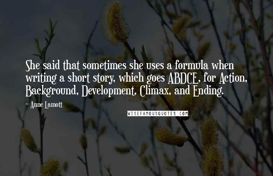 Anne Lamott Quotes: She said that sometimes she uses a formula when writing a short story, which goes ABDCE, for Action, Background, Development, Climax, and Ending.