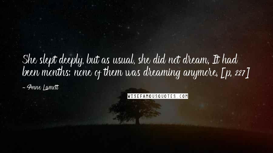 Anne Lamott Quotes: She slept deeply, but as usual, she did not dream. It had been months; none of them was dreaming anymore. [p. 227]