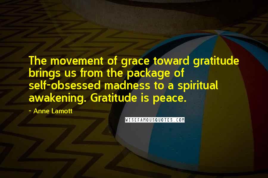 Anne Lamott Quotes: The movement of grace toward gratitude brings us from the package of self-obsessed madness to a spiritual awakening. Gratitude is peace.