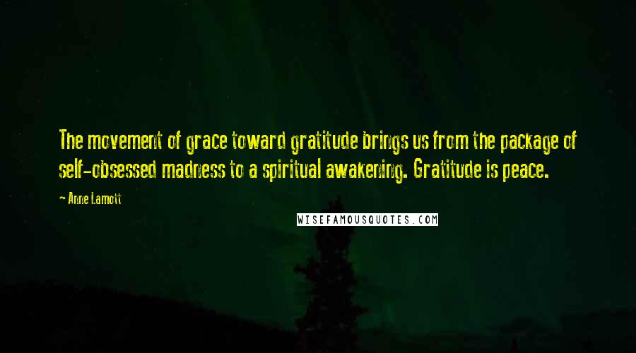 Anne Lamott Quotes: The movement of grace toward gratitude brings us from the package of self-obsessed madness to a spiritual awakening. Gratitude is peace.