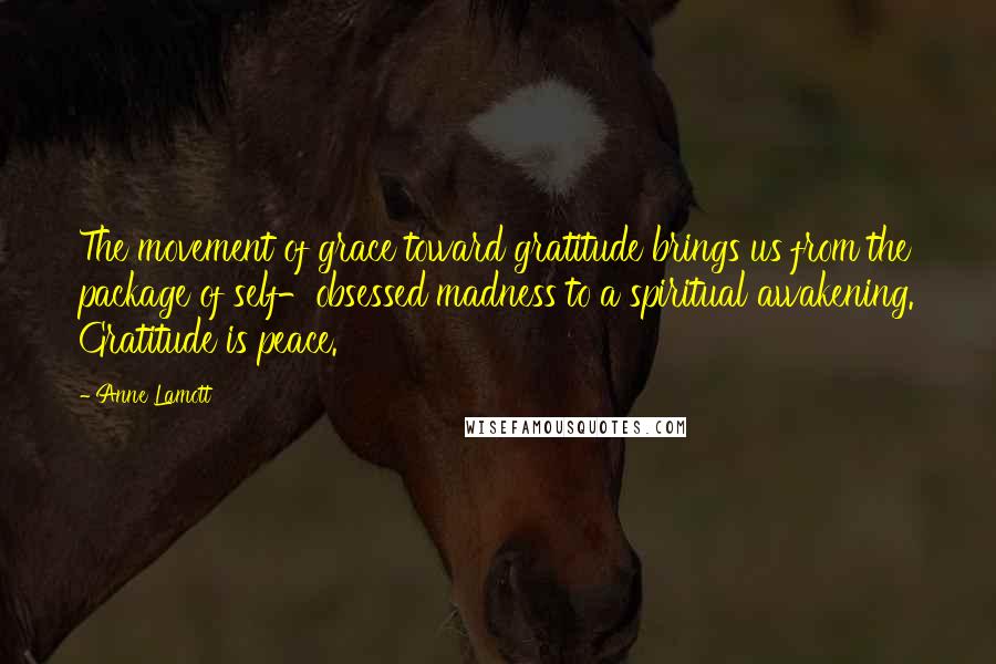 Anne Lamott Quotes: The movement of grace toward gratitude brings us from the package of self-obsessed madness to a spiritual awakening. Gratitude is peace.