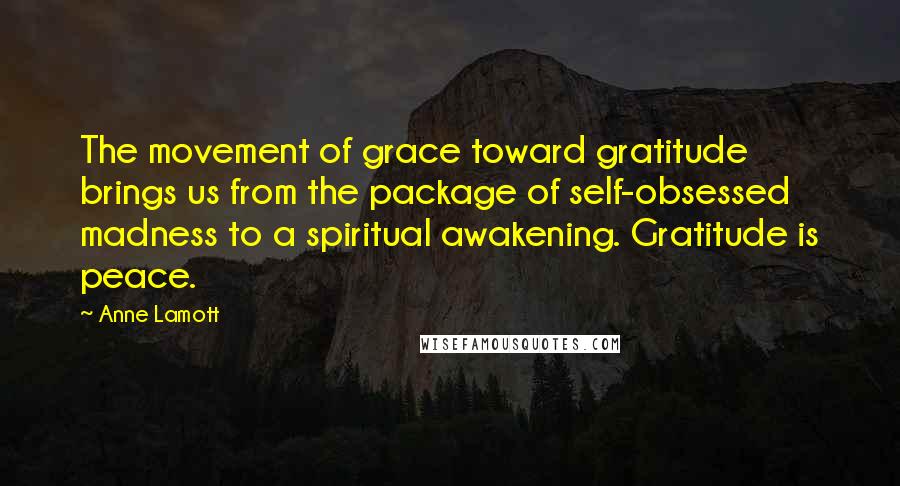 Anne Lamott Quotes: The movement of grace toward gratitude brings us from the package of self-obsessed madness to a spiritual awakening. Gratitude is peace.