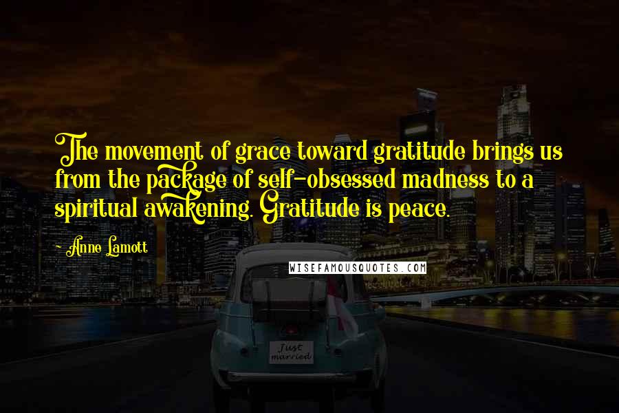 Anne Lamott Quotes: The movement of grace toward gratitude brings us from the package of self-obsessed madness to a spiritual awakening. Gratitude is peace.