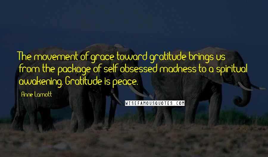 Anne Lamott Quotes: The movement of grace toward gratitude brings us from the package of self-obsessed madness to a spiritual awakening. Gratitude is peace.