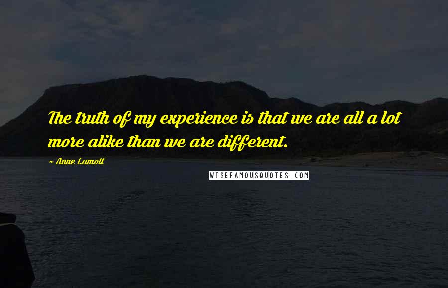 Anne Lamott Quotes: The truth of my experience is that we are all a lot more alike than we are different.