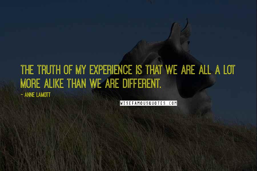 Anne Lamott Quotes: The truth of my experience is that we are all a lot more alike than we are different.