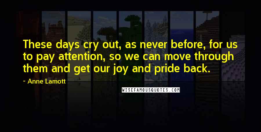 Anne Lamott Quotes: These days cry out, as never before, for us to pay attention, so we can move through them and get our joy and pride back.