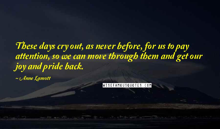 Anne Lamott Quotes: These days cry out, as never before, for us to pay attention, so we can move through them and get our joy and pride back.