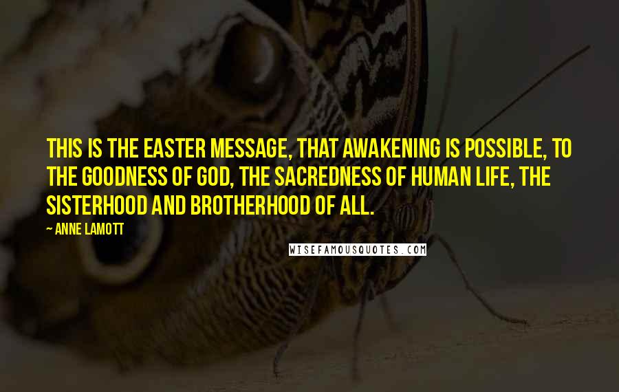 Anne Lamott Quotes: This is the Easter message, that awakening is possible, to the goodness of God, the sacredness of human life, the sisterhood and brotherhood of all.