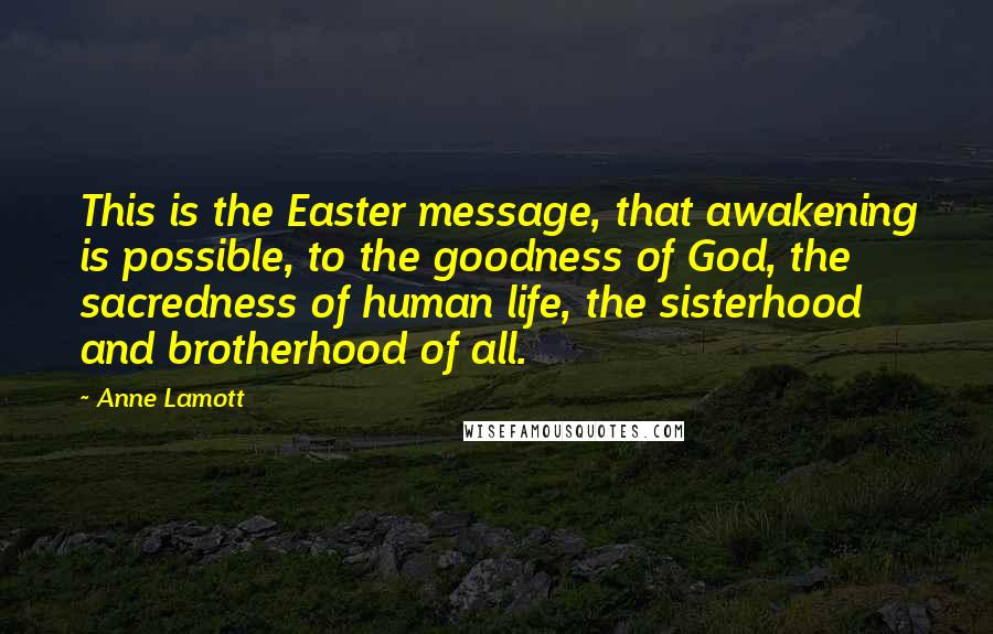 Anne Lamott Quotes: This is the Easter message, that awakening is possible, to the goodness of God, the sacredness of human life, the sisterhood and brotherhood of all.