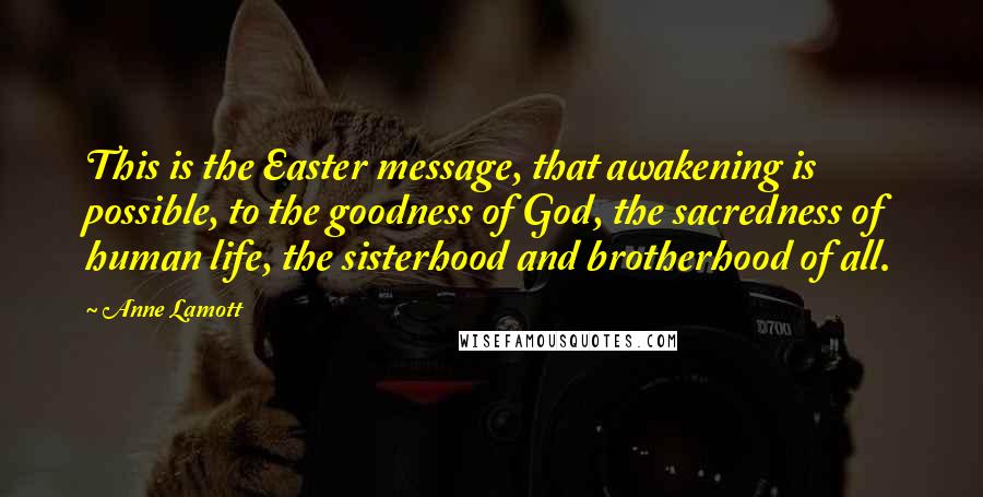 Anne Lamott Quotes: This is the Easter message, that awakening is possible, to the goodness of God, the sacredness of human life, the sisterhood and brotherhood of all.