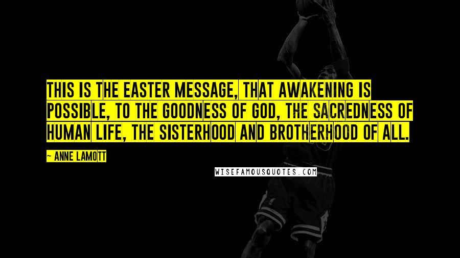 Anne Lamott Quotes: This is the Easter message, that awakening is possible, to the goodness of God, the sacredness of human life, the sisterhood and brotherhood of all.