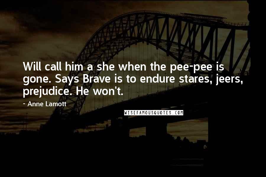 Anne Lamott Quotes: Will call him a she when the pee-pee is gone. Says Brave is to endure stares, jeers, prejudice. He won't.