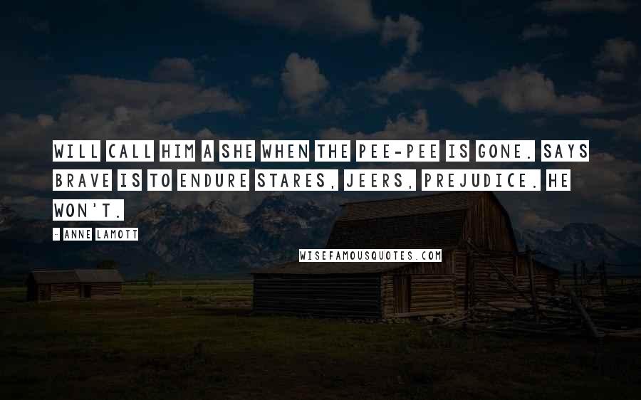 Anne Lamott Quotes: Will call him a she when the pee-pee is gone. Says Brave is to endure stares, jeers, prejudice. He won't.