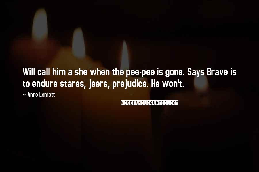 Anne Lamott Quotes: Will call him a she when the pee-pee is gone. Says Brave is to endure stares, jeers, prejudice. He won't.