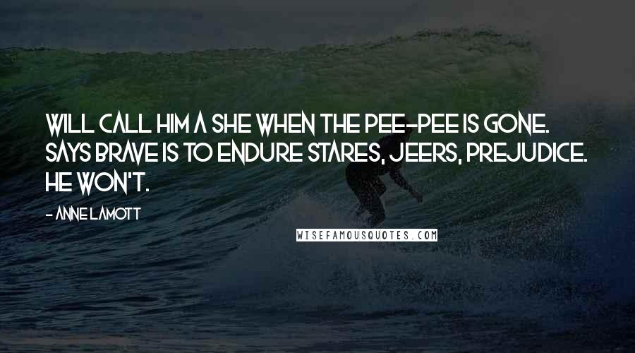 Anne Lamott Quotes: Will call him a she when the pee-pee is gone. Says Brave is to endure stares, jeers, prejudice. He won't.