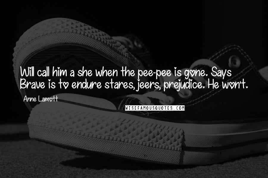 Anne Lamott Quotes: Will call him a she when the pee-pee is gone. Says Brave is to endure stares, jeers, prejudice. He won't.