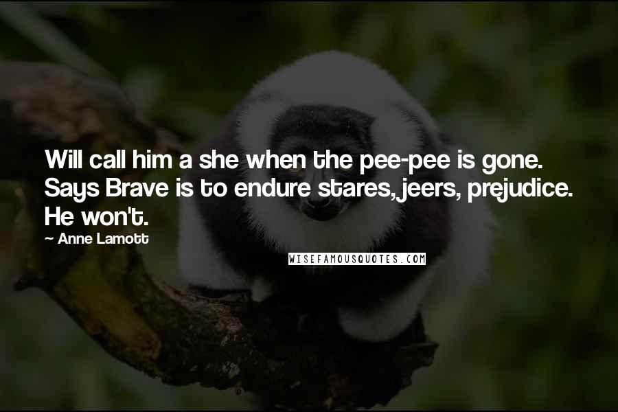 Anne Lamott Quotes: Will call him a she when the pee-pee is gone. Says Brave is to endure stares, jeers, prejudice. He won't.