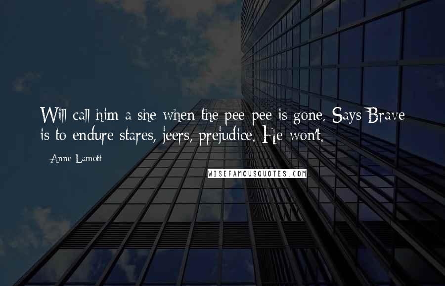 Anne Lamott Quotes: Will call him a she when the pee-pee is gone. Says Brave is to endure stares, jeers, prejudice. He won't.