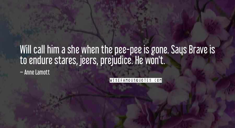 Anne Lamott Quotes: Will call him a she when the pee-pee is gone. Says Brave is to endure stares, jeers, prejudice. He won't.