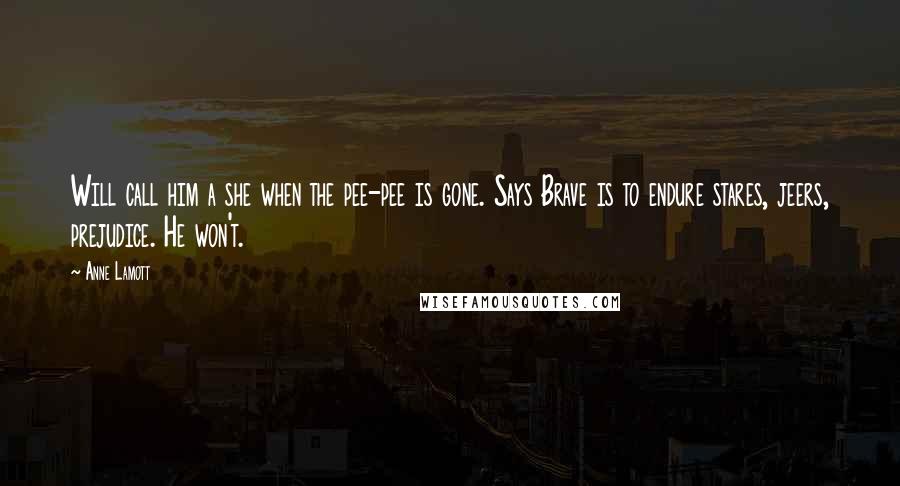 Anne Lamott Quotes: Will call him a she when the pee-pee is gone. Says Brave is to endure stares, jeers, prejudice. He won't.