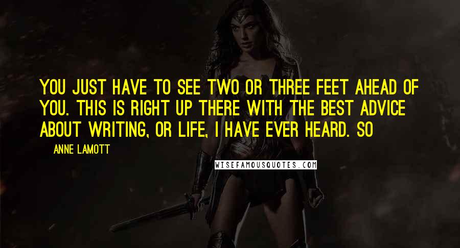 Anne Lamott Quotes: You just have to see two or three feet ahead of you. This is right up there with the best advice about writing, or life, I have ever heard. So