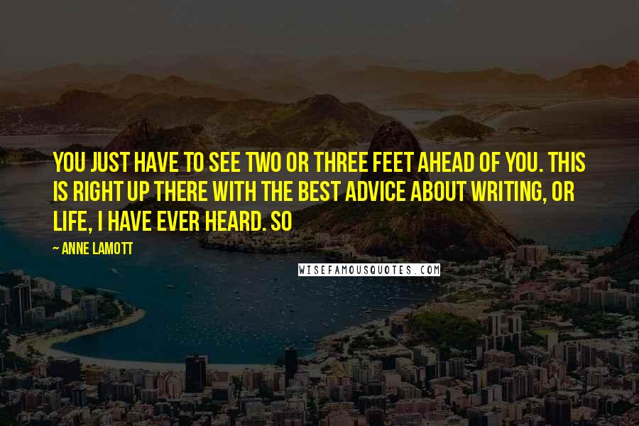Anne Lamott Quotes: You just have to see two or three feet ahead of you. This is right up there with the best advice about writing, or life, I have ever heard. So