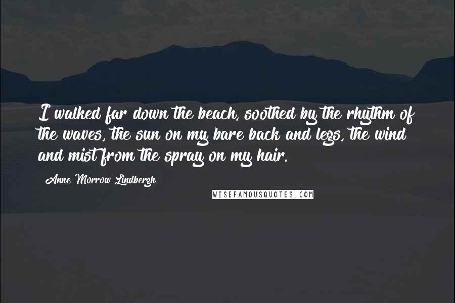 Anne Morrow Lindbergh Quotes: I walked far down the beach, soothed by the rhythm of the waves, the sun on my bare back and legs, the wind and mist from the spray on my hair.