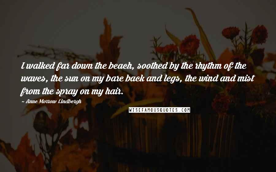 Anne Morrow Lindbergh Quotes: I walked far down the beach, soothed by the rhythm of the waves, the sun on my bare back and legs, the wind and mist from the spray on my hair.