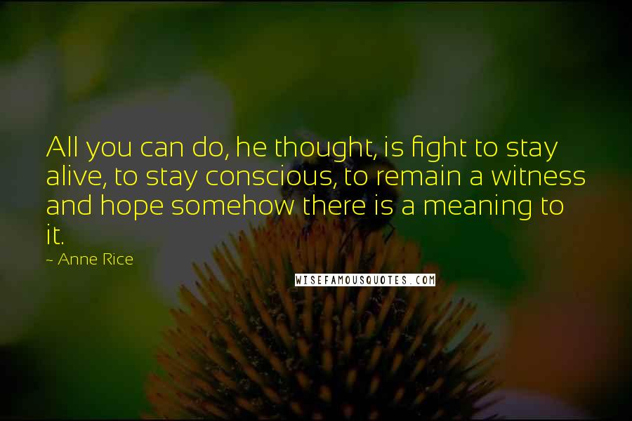 Anne Rice Quotes: All you can do, he thought, is fight to stay alive, to stay conscious, to remain a witness and hope somehow there is a meaning to it.