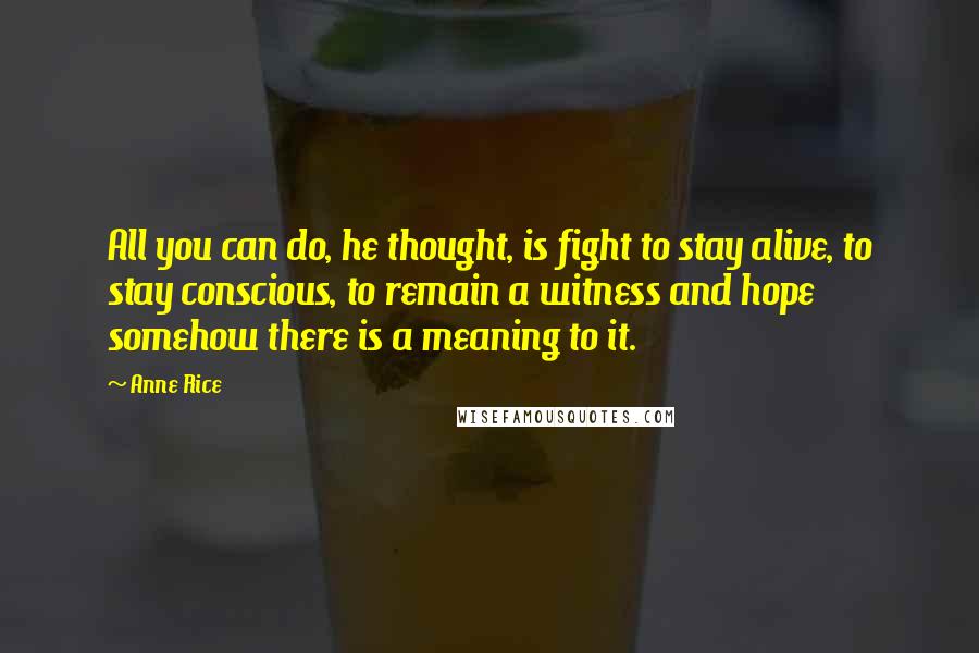 Anne Rice Quotes: All you can do, he thought, is fight to stay alive, to stay conscious, to remain a witness and hope somehow there is a meaning to it.