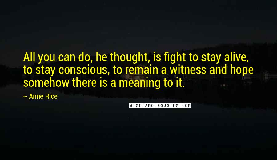 Anne Rice Quotes: All you can do, he thought, is fight to stay alive, to stay conscious, to remain a witness and hope somehow there is a meaning to it.