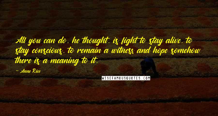 Anne Rice Quotes: All you can do, he thought, is fight to stay alive, to stay conscious, to remain a witness and hope somehow there is a meaning to it.