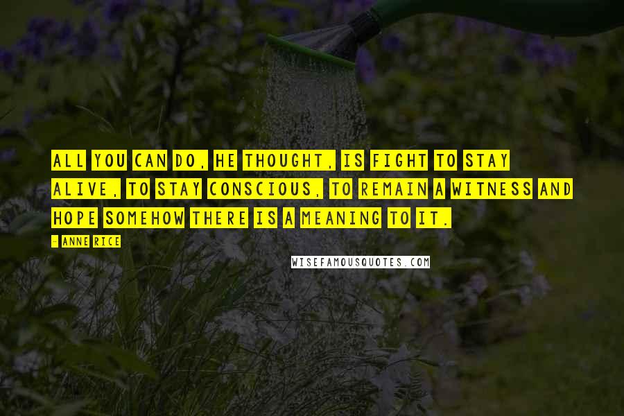 Anne Rice Quotes: All you can do, he thought, is fight to stay alive, to stay conscious, to remain a witness and hope somehow there is a meaning to it.