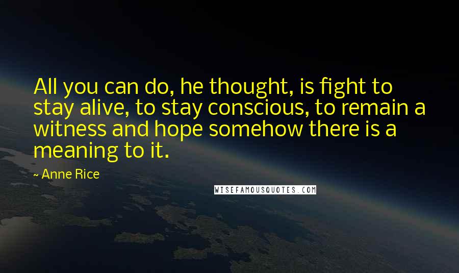 Anne Rice Quotes: All you can do, he thought, is fight to stay alive, to stay conscious, to remain a witness and hope somehow there is a meaning to it.