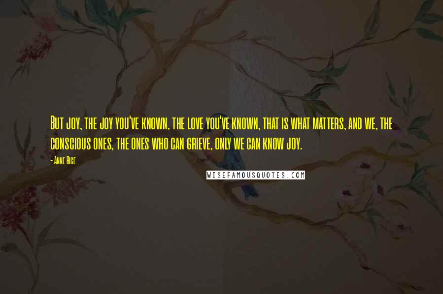 Anne Rice Quotes: But joy, the joy you've known, the love you've known, that is what matters, and we, the conscious ones, the ones who can grieve, only we can know joy.