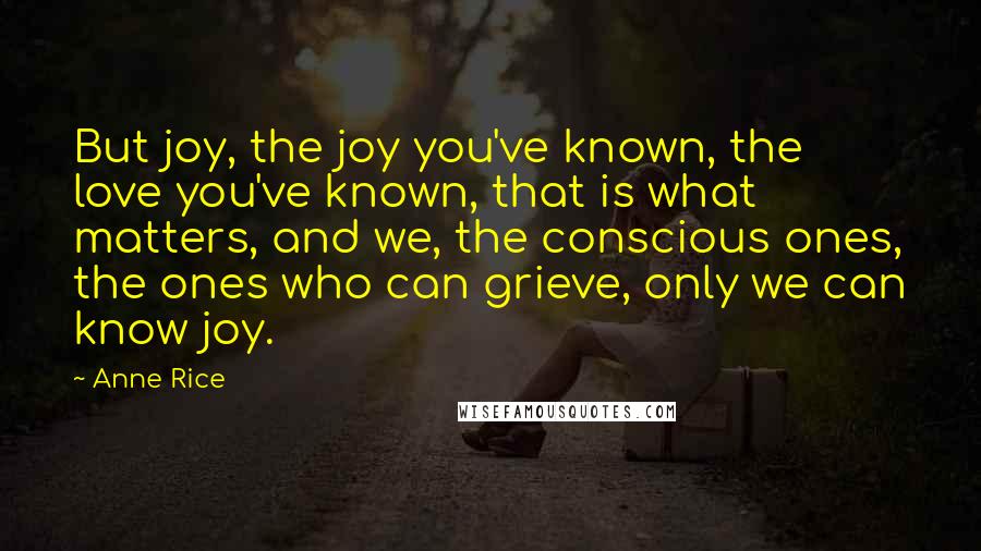 Anne Rice Quotes: But joy, the joy you've known, the love you've known, that is what matters, and we, the conscious ones, the ones who can grieve, only we can know joy.