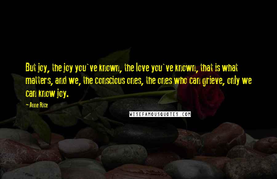 Anne Rice Quotes: But joy, the joy you've known, the love you've known, that is what matters, and we, the conscious ones, the ones who can grieve, only we can know joy.