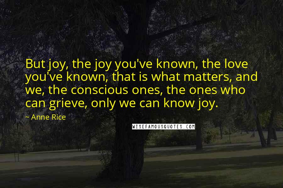 Anne Rice Quotes: But joy, the joy you've known, the love you've known, that is what matters, and we, the conscious ones, the ones who can grieve, only we can know joy.