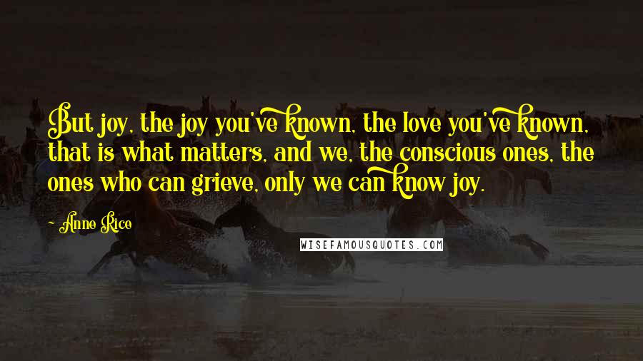 Anne Rice Quotes: But joy, the joy you've known, the love you've known, that is what matters, and we, the conscious ones, the ones who can grieve, only we can know joy.